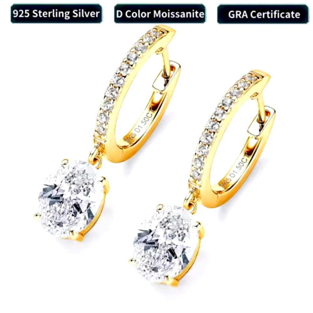 Moissanite Diamond Hoop Drop Earrings gold
